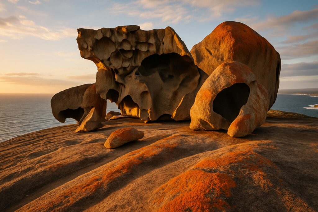 Die Remarkable Rocks auf Kangaroo Island in South Australia bei Sonnenuntergang hoch über dem Südpolarmeer
