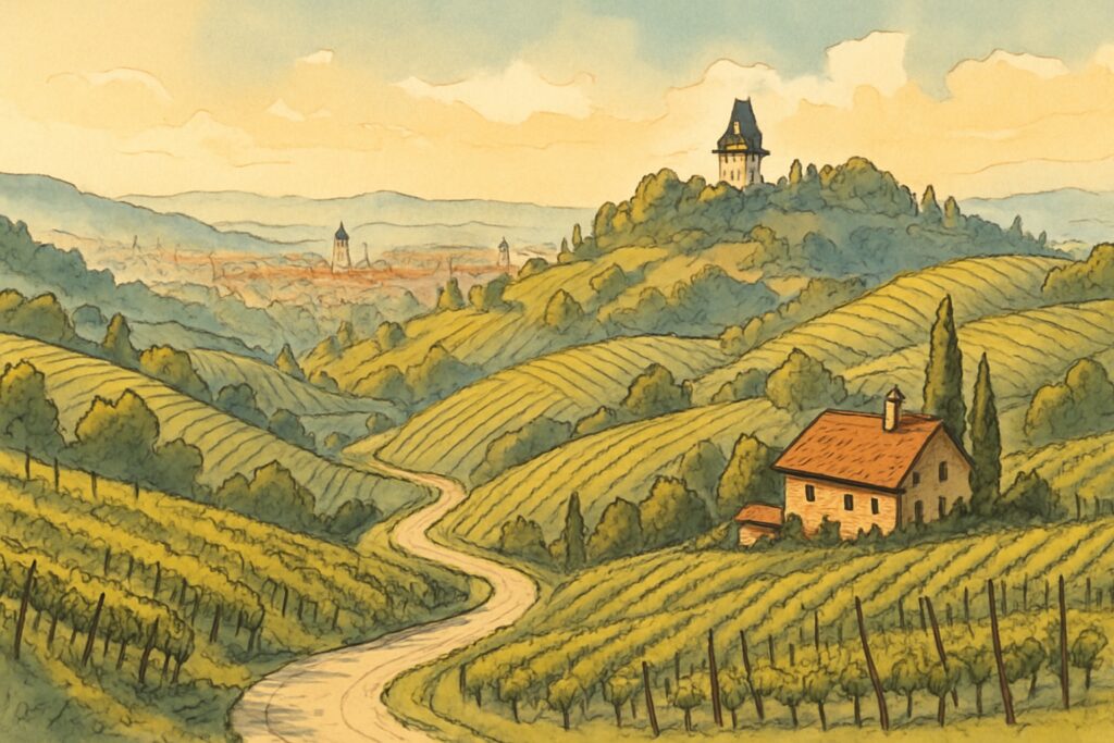 Illustration der grünen Weinhügel der Südsteiermark mit Weinstraße und der Stadt Graz mit Uhrturm am Schlossberg