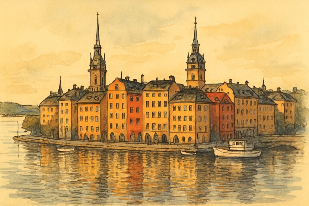 Illustration von Stockholm mit der Altstadt Gamla Stan, bunten Uferfassaden, Kirchtürmen und den Inseln des Schärengartens im warmen Nordlicht