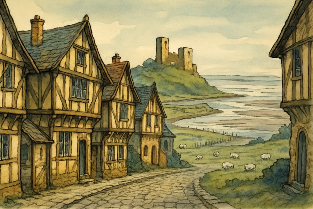 Illustration der Fachwerkgassen von Ribe, einer Fjordstadt mit Schlossruine und dem Wattenmeer bei Rømø mit Prickenweg