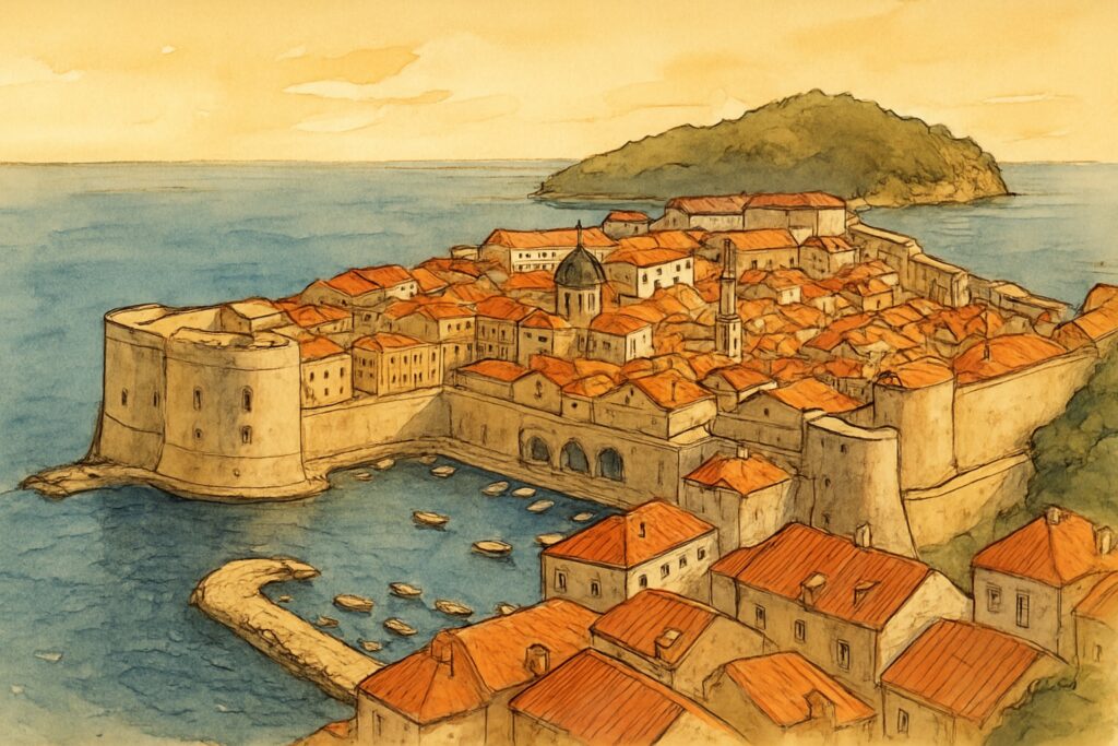 Illustration von Süddalmatien mit den Stadtmauern und der Altstadt von Dubrovnik, der Insel Korčula und der Weinhalbinsel Pelješac