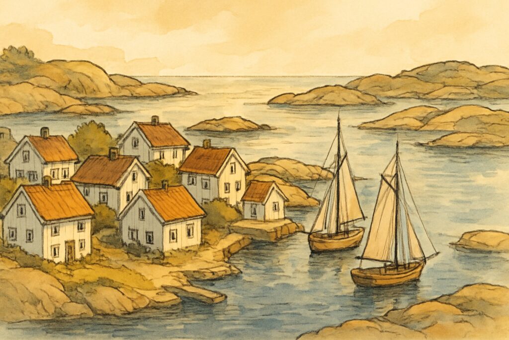 Illustration von Südnorwegen mit weißen Holzhäusern einer Küstenstadt, einer Schärenküste mit Segelbooten und einem Leuchtturm