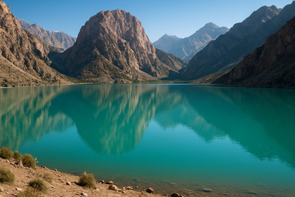 Der Iskanderkul, ein türkisfarbener Gletschersee im Fann-Gebirge Tadschikistans, umrahmt von steilen Felsgipfeln, die sich im stillen Wasser spiegeln