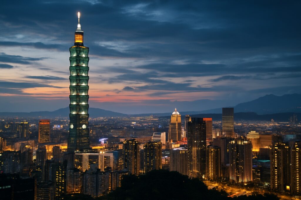 Der Wolkenkratzer Taipei 101 überragt die Skyline von Taipeh, Taiwan, zur blauen Stunde vor grünen Bergen und leuchtenden Stadtlichtern