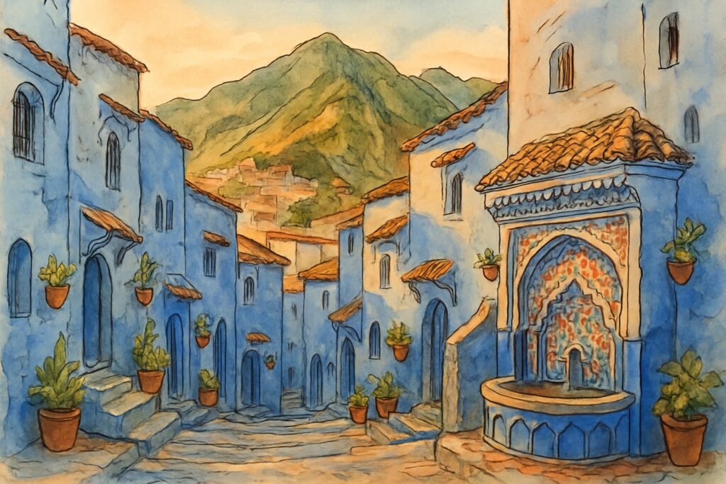 Illustration der blauen Stadt Chefchaouen mit blau getünchten Gassen im Rif-Gebirge, dahinter Tanger an der Straße von Gibraltar