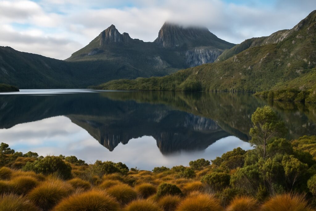 Der Cradle Mountain spiegelt sich im stillen Dove Lake in der Wildnis Tasmaniens im Morgenlicht