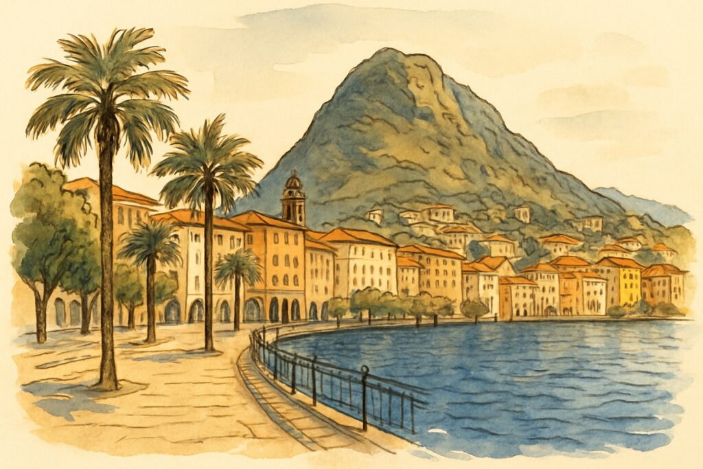 Illustration der palmengesäumten Seepromenade von Lugano im Tessin am blauen See