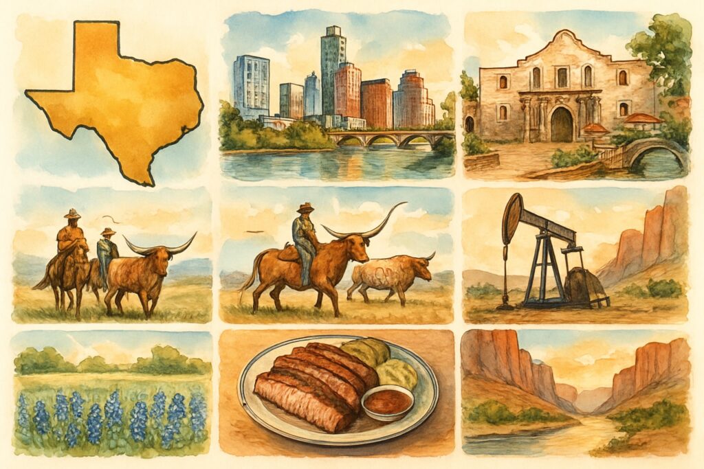 Illustration von Texas mit der Skyline von Austin an einem Fluss, der historischen Alamo-Mission und dem River Walk in San Antonio, Cowboys und Longhorn-Rindern in weiter Prärie, einer Ölpumpe, blauen Bluebonnet-Wildblumen, einem Teller Barbecue-Brisket und den Wüstencanyons von Big Bend am Rio Grande, USA
