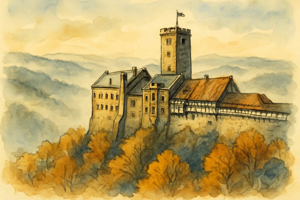 Illustration der Wartburg über dem Thüringer Wald, Thüringen