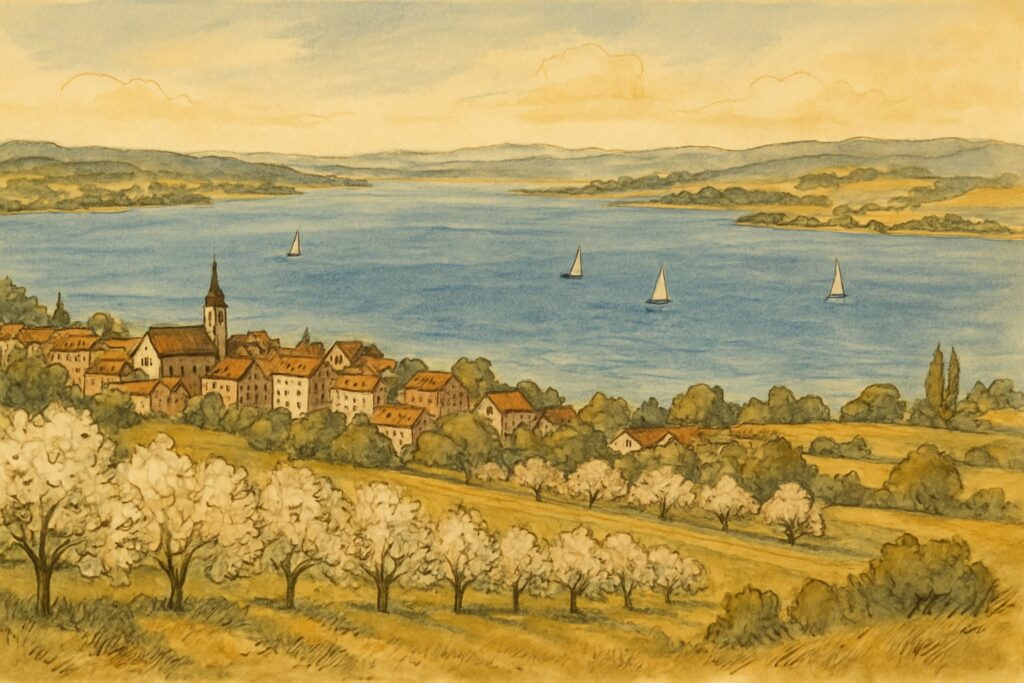 Illustration des Bodenseeufers im Thurgau mit blühenden Obstgärten