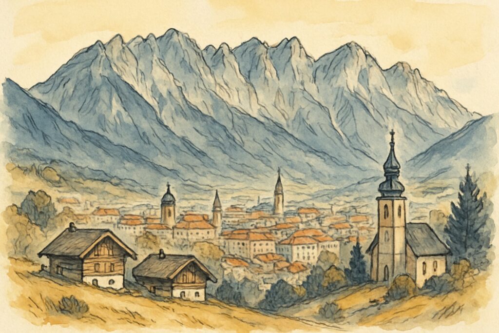 Illustration von Innsbruck im Inntal vor der steilen Nordkette mit Almhütten und Kirchtürmen, Tirol