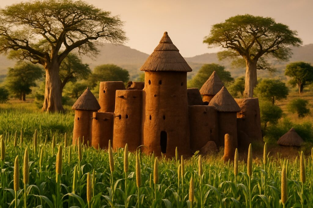 Die Landschaft von Koutammakou in Togo mit traditionellen befestigten Lehm-Turmhäusern (Tata Somba) der Batammariba zwischen grünen Hirsefeldern und Affenbrotbäumen