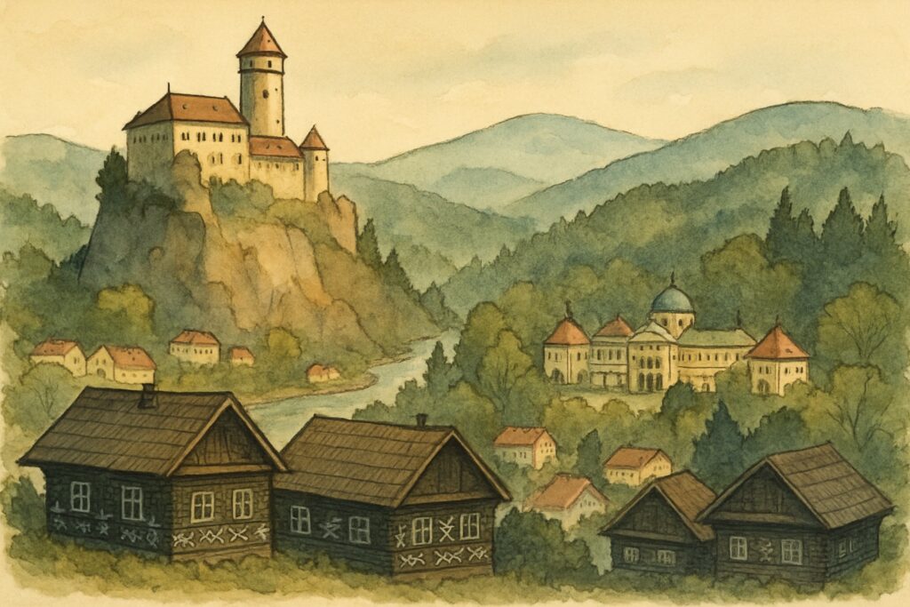 Illustration der Burg Trenčín mit rundem Turm hoch über dem Váh-Tal, eines Belle-Époque-Kurbads in einem Waldtal und dunkler bemalter Holzhäuser in den Weißen Karpaten