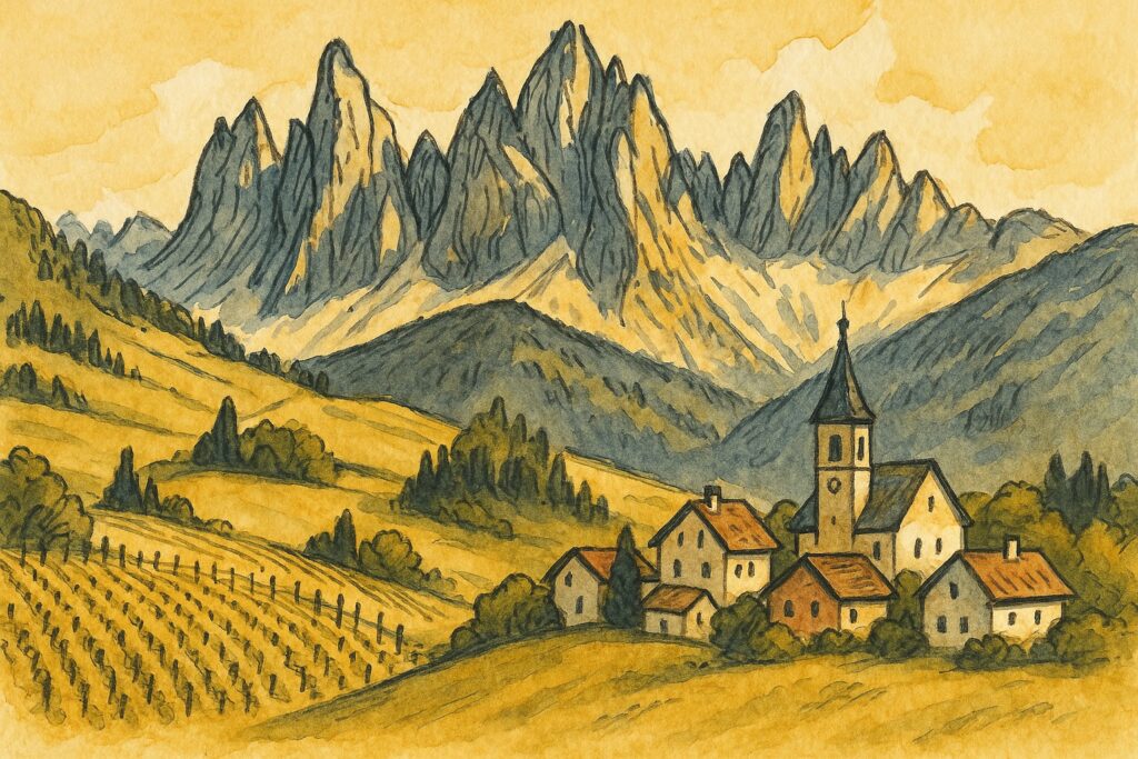 Handgezeichnete Illustration der Dolomiten über Almwiesen mit einem Weinberg und Bergdorf