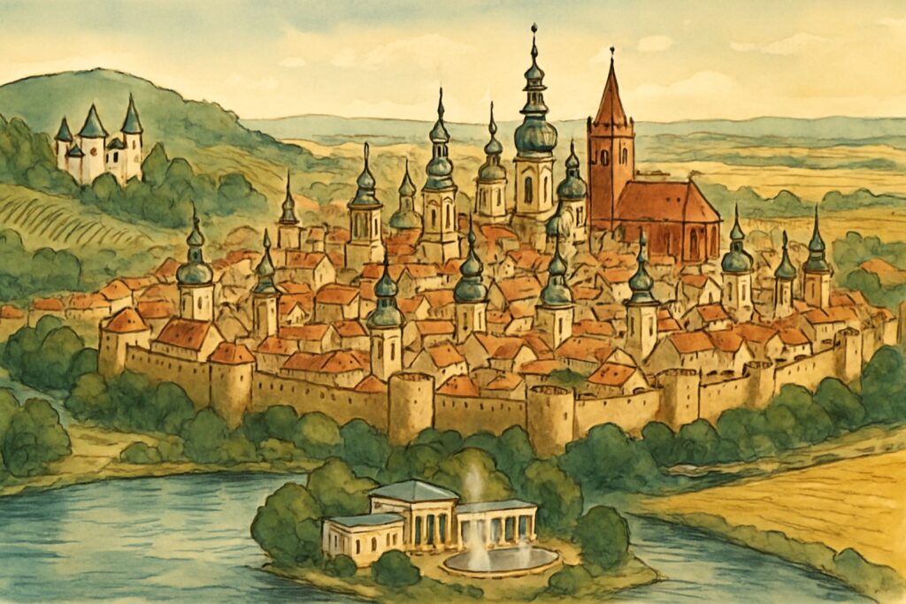 Illustration von Trnava mit vielen barocken Kirchtürmen, dem weißen Schloss Smolenice in den Kleinen Karpaten und dem Kurbad Piešťany mit Kolonnaden am Fluss