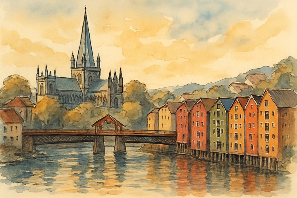 Illustration von Trøndelag mit dem Nidarosdom in Trondheim, den bunten Speicherhäusern am Fluss und der kurvigen Atlantikstraße über dem Meer