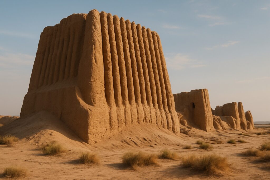 Die antiken Seidenstraßen-Ruinen von Merw in Turkmenistan, die mächtigen Lehmziegelmauern der Festung Kyz Kala, die sich aus der Wüste erheben, verwittert und monumental
