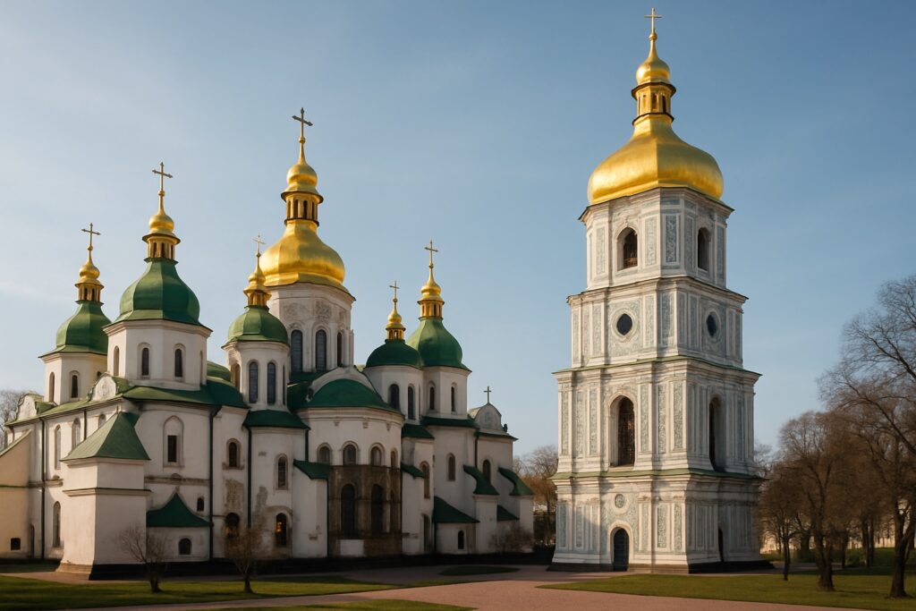 Die Sophienkathedrale in Kiew mit ihren weißen Mauern und goldenen Kuppeln und dem grün-goldenen Glockenturm, ruhig und würdevoll im weichen Tageslicht