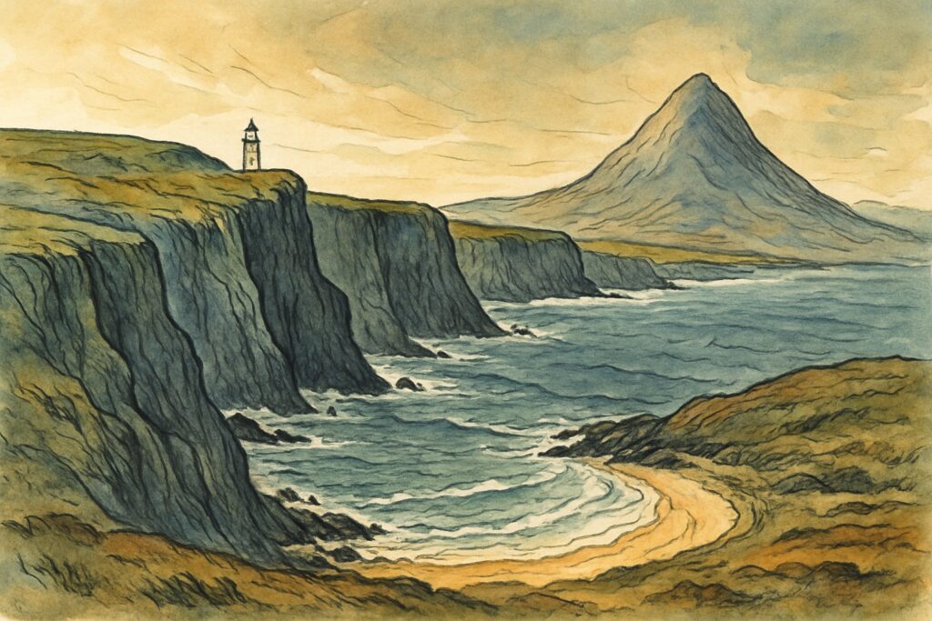 Illustration von Donegal mit den Slieve-League-Klippen, dem Leuchtturm von Fanad Head und dem Errigal