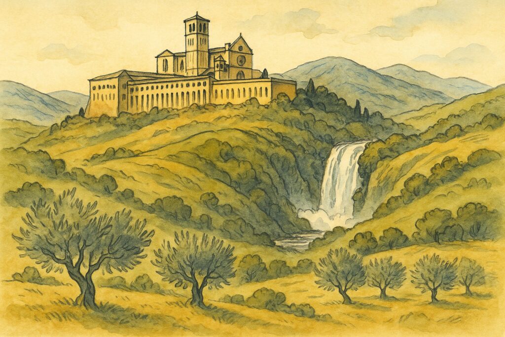 Illustration der Basilika San Francesco in Assisi über den grünen Hügeln Umbriens