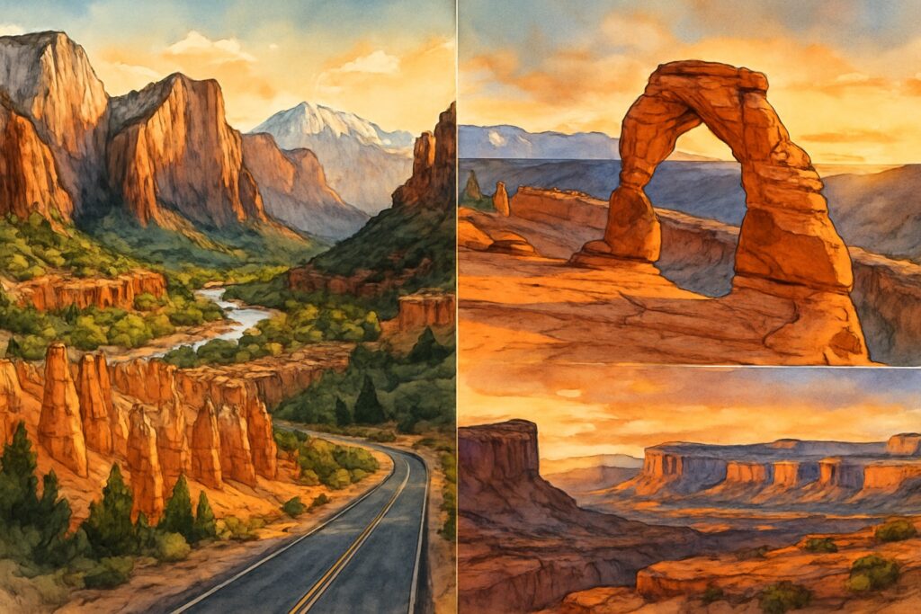 Illustration von Utah mit den hohen roten Sandsteinwänden des Zion Canyon, den orangefarbenen Hoodoo-Felstürmen von Bryce Canyon, dem freistehenden Steinbogen Delicate Arch im Abendlicht, den tiefen Schluchten von Canyonlands, schneebedeckten Bergen und einer einsamen Wüstenstraße, USA