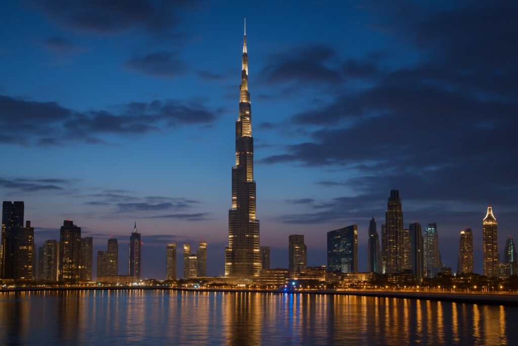 Die Skyline von Downtown Dubai mit dem Burj Khalifa in den Vereinigten Arabischen Emiraten in der blauen Abenddämmerung