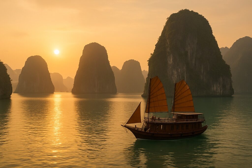 Die Halong-Bucht in Vietnam bei Sonnenuntergang mit steil aufragenden Kalksteinfelsen und einer traditionellen Dschunke auf dem smaragdgrünen Wasser