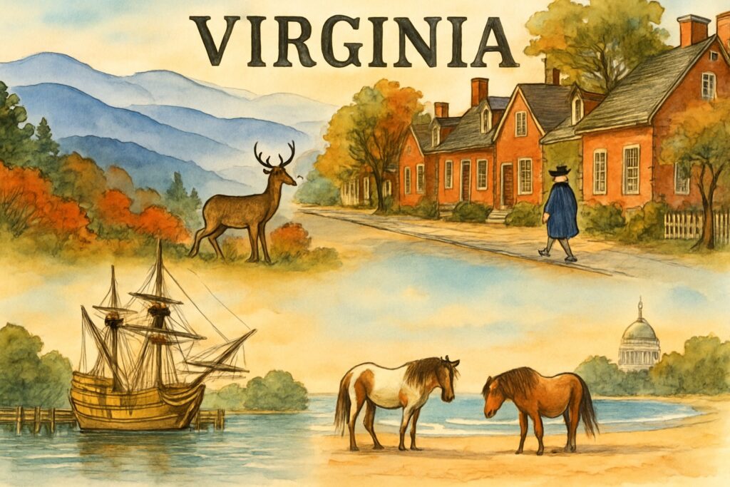 Illustration des US-Bundesstaats Virginia mit den blau vernebelten Blue Ridge Mountains am Skyline Drive im Shenandoah-Nationalpark in Herbstlaub, einer historischen Kolonialstraße in Colonial Williamsburg mit Backsteinhäusern, einem hölzernen Segelschiff von Jamestown, wilden Ponys am Strand von Chincoteague und der fernen Kuppel des Kapitols nahe Washington, D.C., USA