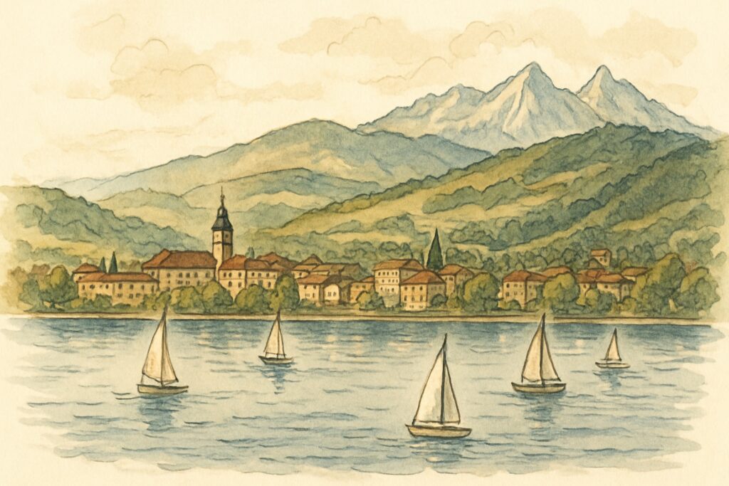 Illustration des Bodensees bei Bregenz mit Segelbooten und den grünen Hügeln des Bregenzerwaldes, Vorarlberg