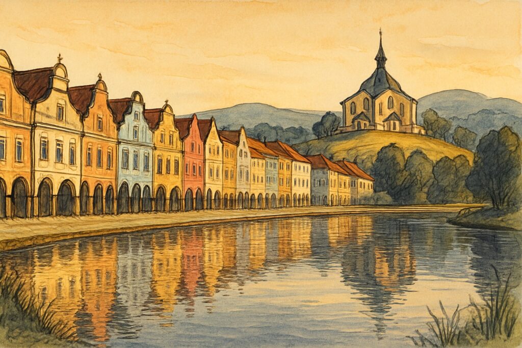 Illustration des Renaissanceplatzes von Telč mit Arkaden und der Wallfahrtskirche auf dem Grünen Berg