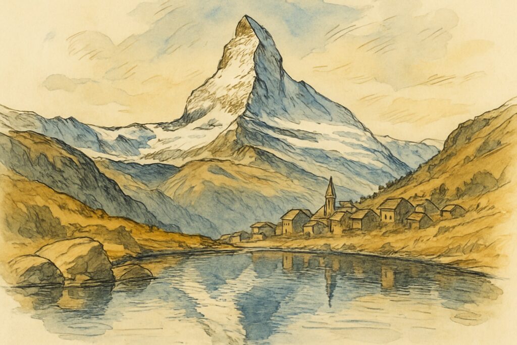 Illustration des Matterhorns über Zermatt im Wallis, gespiegelt in einem Bergsee