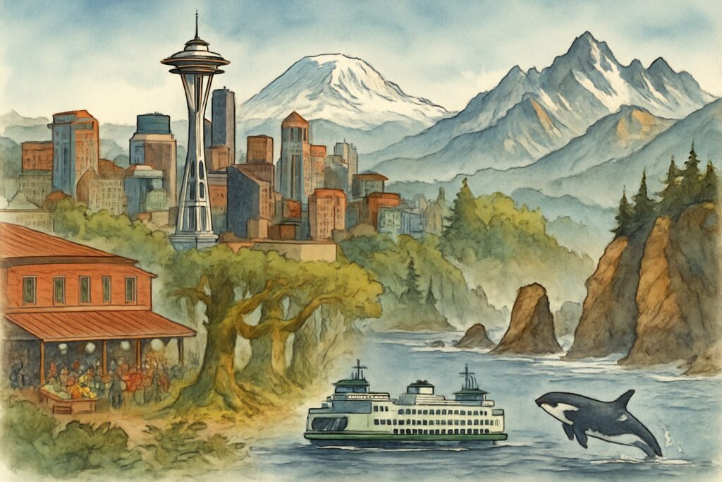 Illustration des US-Bundesstaats Washington im pazifischen Nordwesten mit der Skyline von Seattle, der Space Needle und dem vergletscherten Vulkan Mount Rainier, dem Pike Place Market, dem moosbehangenen Hoh-Regenwald und den Felsnadeln der Pazifikküste des Olympic-Nationalparks, den Zacken der North Cascades, einer grünen Fähre auf dem Puget Sound und einem Orca, USA
