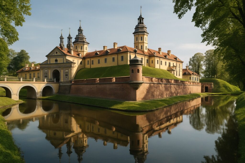 Das Schloss Njaswisch (Nesvizh) in Belarus, ein eleganter Renaissance- und Barockpalast mit ockerfarbenen Mauern und grünen Dächern, gespiegelt im ruhigen Wasser seines Schlossteichs, würdevoll und zeitlos
