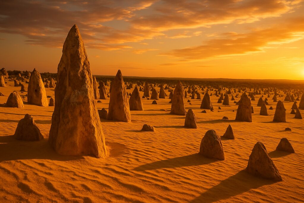 Die Kalksteinsäulen der Pinnacles im Nambung-Nationalpark in Western Australia leuchten bei Sonnenuntergang im orangefarbenen Wüstensand