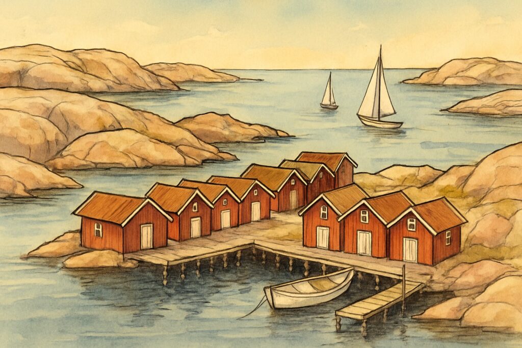 Illustration der schwedischen Westküste mit glatten rosa Granitinseln, roten Fischerhütten am Steg, Segelbooten und dem ruhigen Meer von Bohuslän