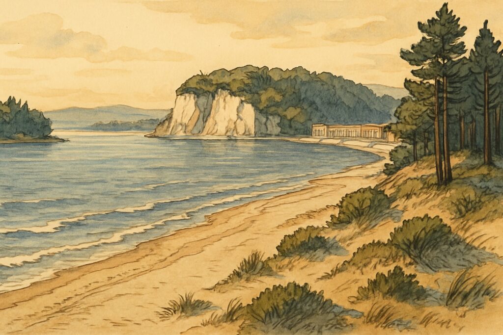 Illustration eines Ostseestrandes bei Misdroy mit Dünen, Kreidefelsen von Wollin und der Hakenterrasse von Stettin