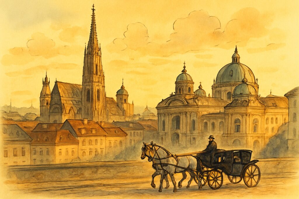 Illustration von Wien mit dem Stephansdom, barocken Palastfassaden, einem Fiaker und dem Riesenrad im Prater