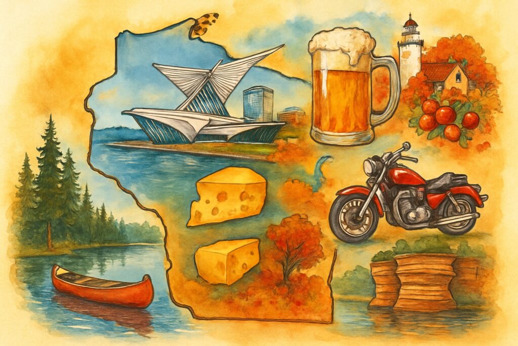 Illustration des US-Bundesstaats Wisconsin mit der Uferpromenade von Milwaukee mit dem weißen, flügelartigen Kunstmuseum am Michigansee, einem schäumenden Bierkrug und einem Motorrad, den Leuchttürmen und Kirschgärten der Halbinsel Door County im Herbst, einem Stück Käse, einem roten Kanu auf einem stillen Nordsee zwischen Kiefernwäldern und den Sandsteinfelsen der Wisconsin Dells, USA