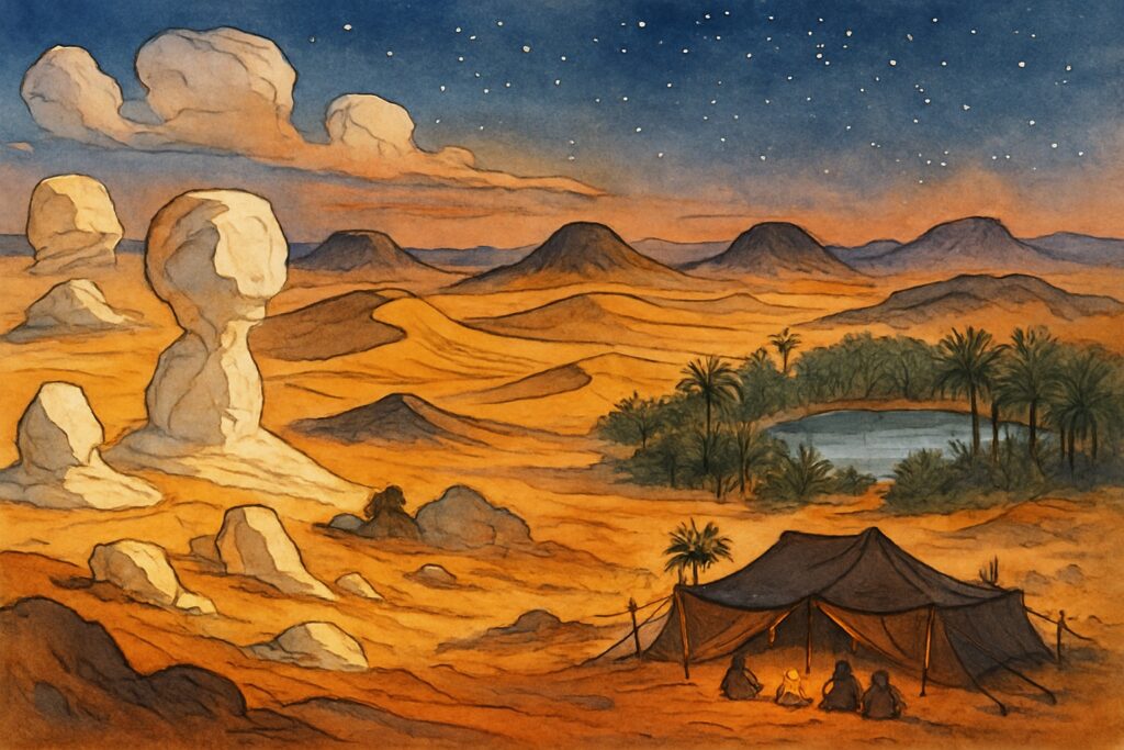 Illustration der westlichen Wüste Ägyptens mit den weißen Kreidefelsen der Weißen Wüste, Dünen, einer Palmenoase und einem Beduinencamp unter dem Sternenhimmel