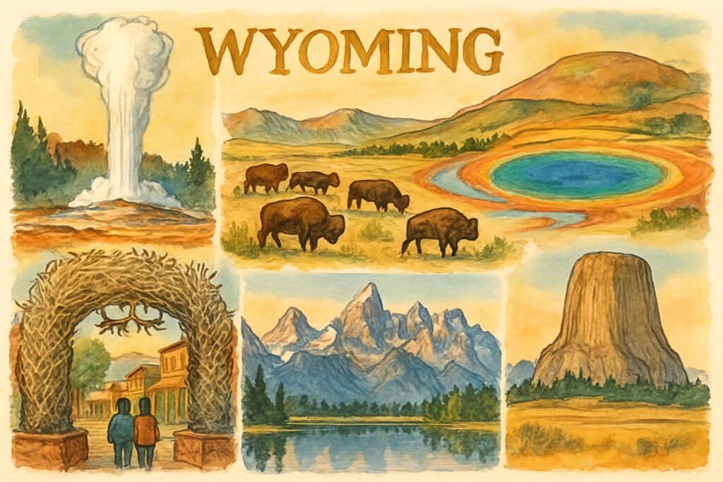 Illustration des US-Bundesstaats Wyoming mit dem ausbrechenden Geysir Old Faithful und der bunten Thermalquelle Grand Prismatic in Yellowstone, einer Bison-Herde in einem Tal, den scharfen, schneebedeckten Gipfeln der Grand Tetons in einem See gespiegelt, dem Ort Jackson Hole mit Geweihbogen und dem monolithischen Devils Tower über der Prärie, USA
