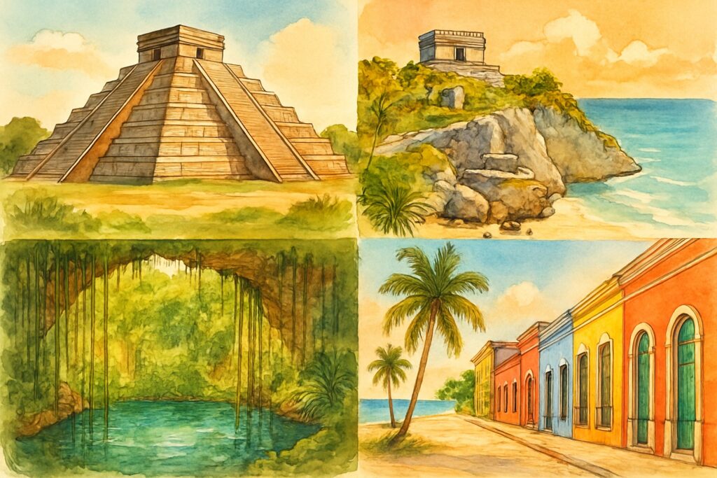 Illustration der Yucatán-Halbinsel mit der Maya-Pyramide von Chichén Itzá, dem türkisen Karibikstrand von Tulum mit Ruinen über dem Meer, einer kristallklaren Cenote im Dschungel und der bunten Kolonialstadt Mérida, Mexiko