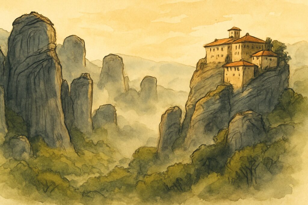Illustration von Zentralgriechenland mit den Meteora-Klöstern auf Sandstein-Felstürmen, dem antiken Delphi am Parnass und den Bergdörfern des Pilion