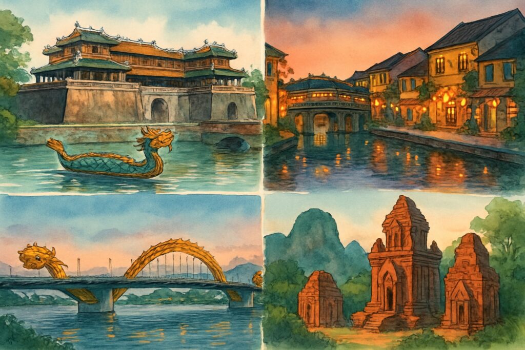 Illustration von Zentralvietnam mit dem gelben Throntor der Kaiserstadt Hue am Parfüm-Fluss, der Altstadt von Hoi An im Schein tausender Seidenlaternen mit der japanischen Brücke, der Drachenbrücke von Da Nang am Meer und den Cham-Türmen von My Son, Vietnam