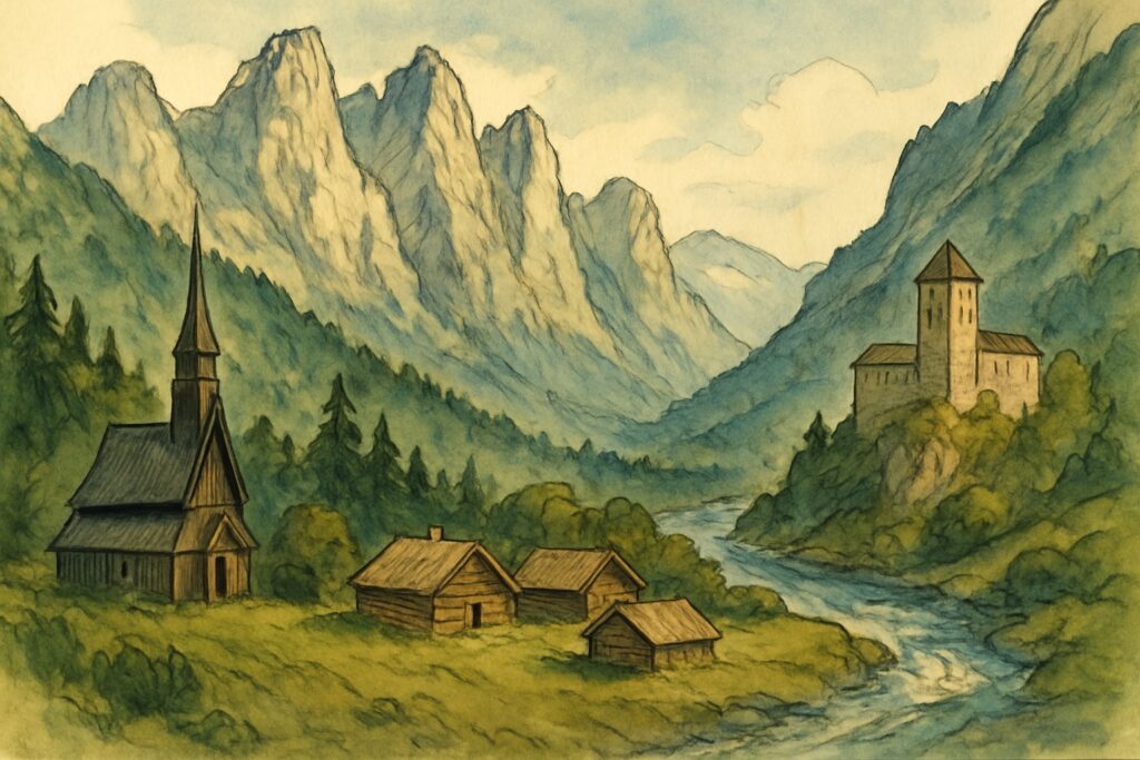 Illustration der Kleinen Fatra mit felsigen Kalkgipfeln über dem grünen Vrátna-Tal, einer hölzernen Kirche, einem Bergdorf aus Blockhäusern und einer schlanken Burg an einem Fluss
