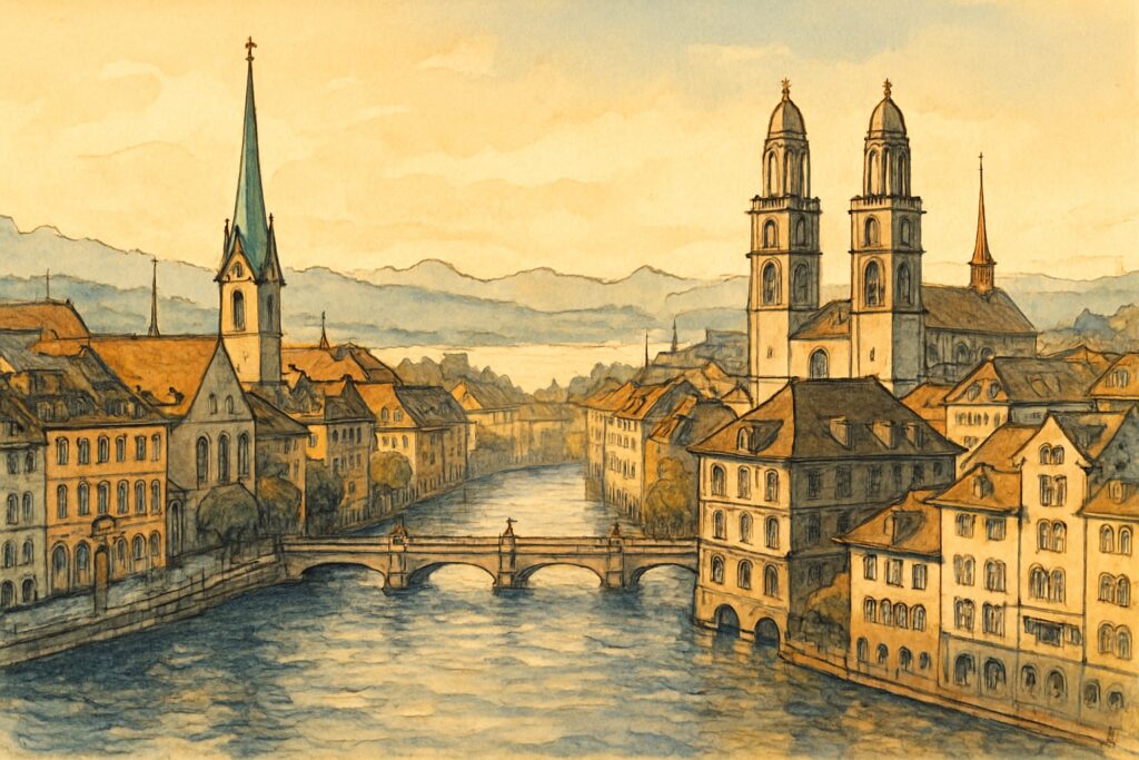 Illustration der Stadt Zürich an der Limmat mit Grossmünster und Fraumünster und dem See
