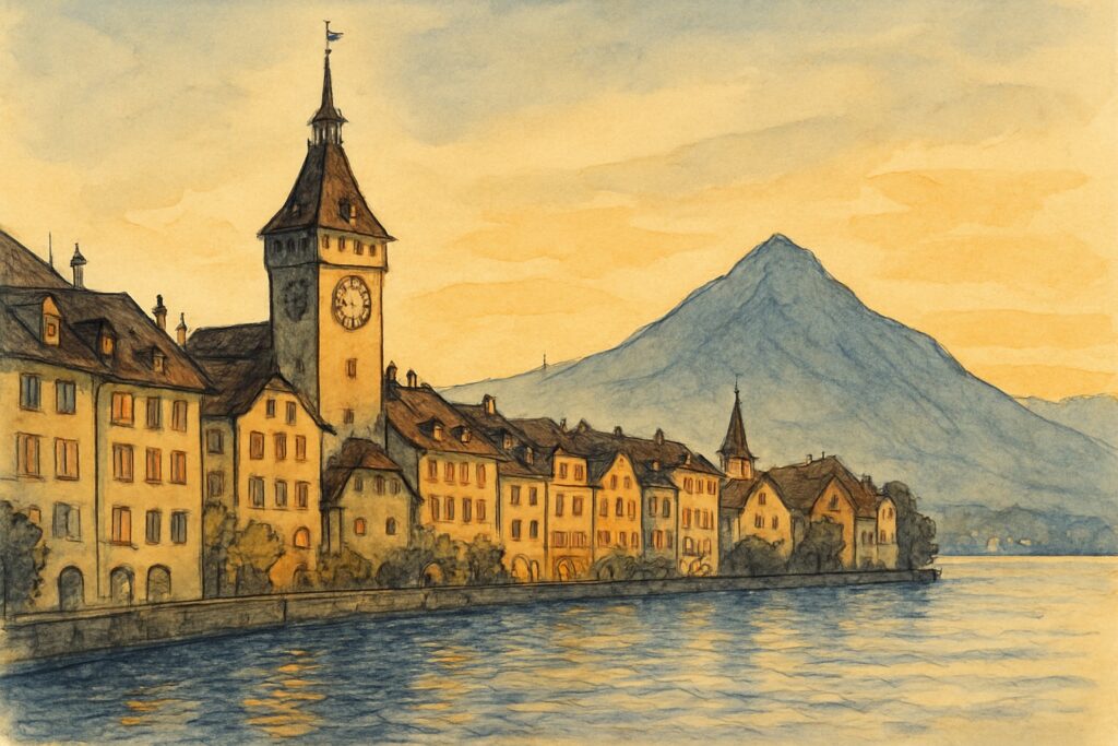 Illustration der Altstadt von Zug am Zugersee mit dem Zytturm vor Rigi und Pilatus