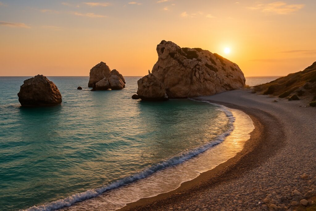 Der Felsen der Aphrodite (Petra tou Romiou) an der türkisfarbenen Mittelmeerküste Zyperns im warmen Licht des Sonnenuntergangs